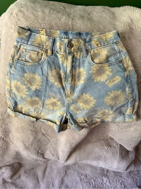 American Eagle Outfitters Light Blue Denim Sunflower-Print Shorts